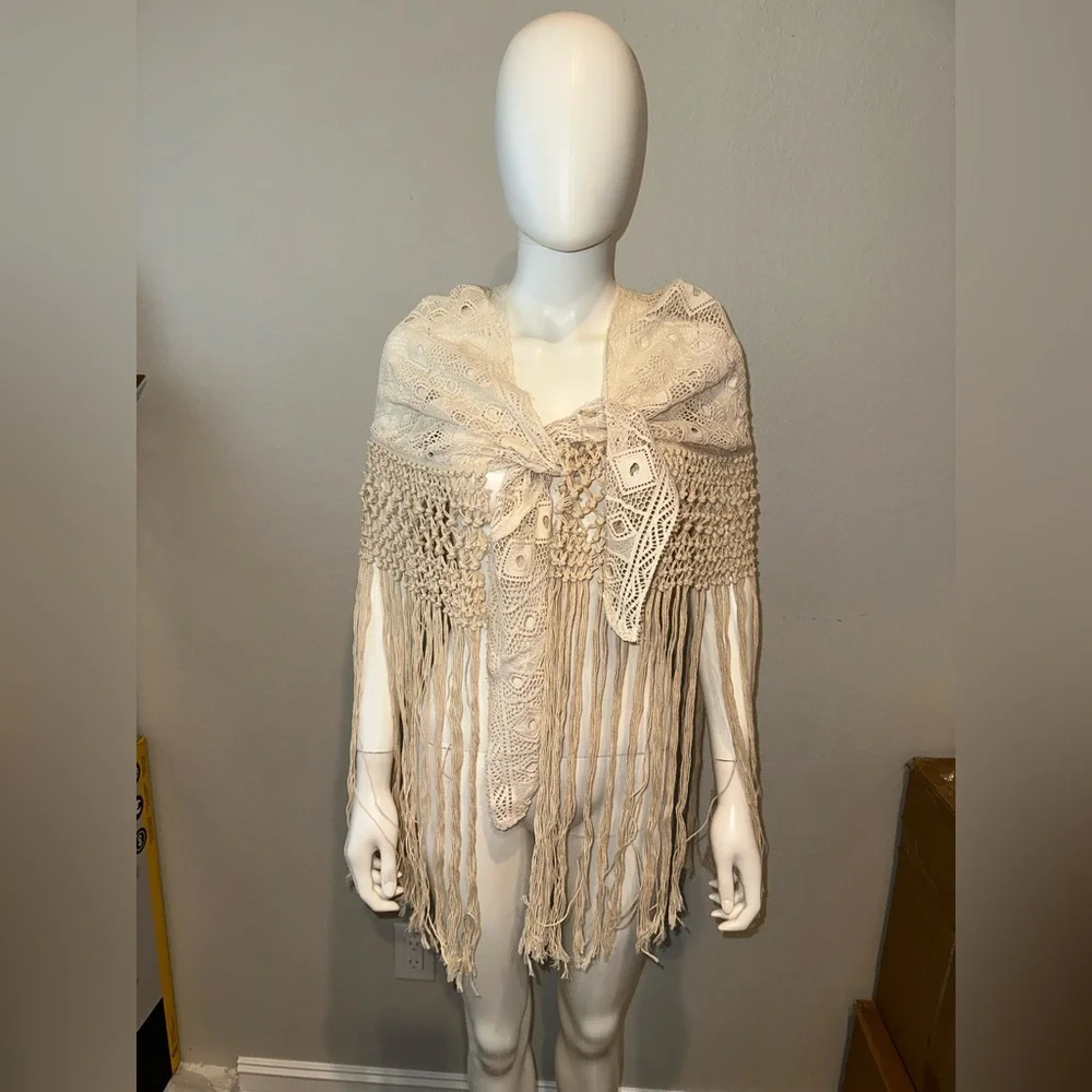 Jens Pirate Booty “Sagrada” Cream Crochet Macrame Fringe Swim Cover-Up OS - Picture 7 of 8